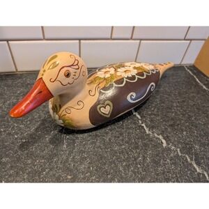 Vintage Hand Painted Ceramic Duck Decoy Folk Art Floral Daisy Heart Brown Tan